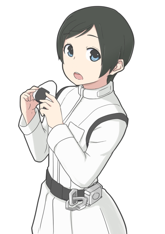 1girl, androgynous, belt, black_hair, blue_eyes, cowboy_shot, food, hisano1202