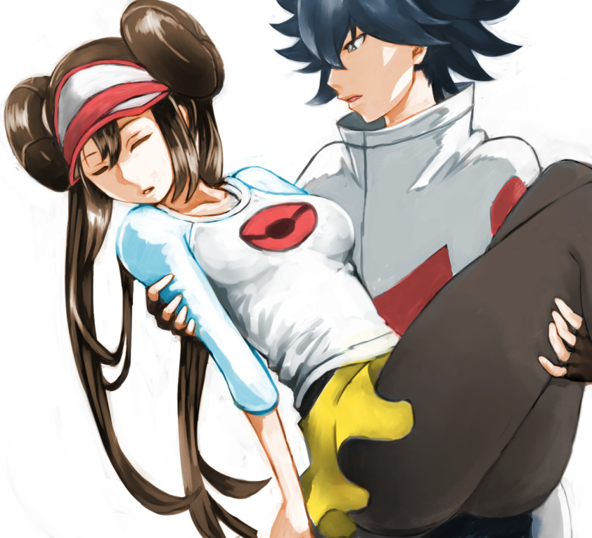 1boy, 1girl, black_legwear, blue_hair, brown_hair, carrying, closed_eyes, double_bun