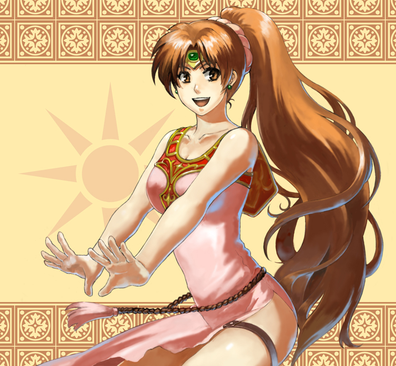 1girl, :d, brown_hair, circlet, dress, earrings, fire_emblem, fire_emblem:_mystery_of_the_emblem