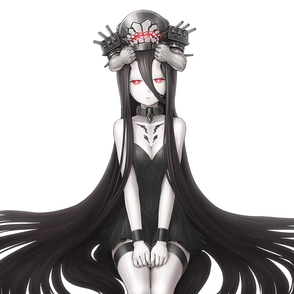 1girl, battleship-symbiotic_hime, black_dress, black_hair, breasts, cannon, cleavage, kantai_collection