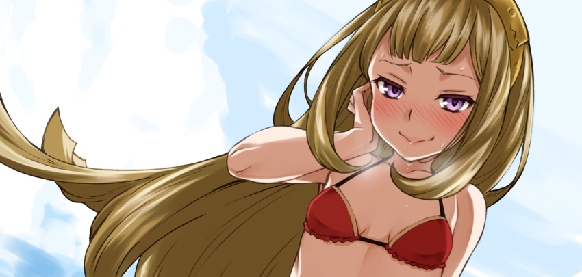 1girl, blonde_hair, blush, breasts, cagliostro_(granblue_fantasy), granblue_fantasy, hand_in_hair, long_hair