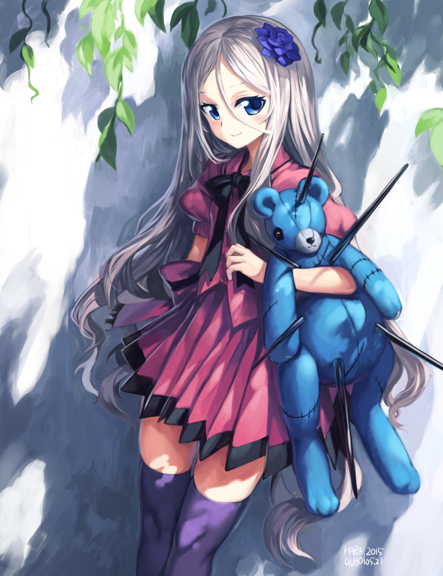 1girl, 2015, artist_name, black_legwear, blue_eyes, dated, eiyuu_senki, flower