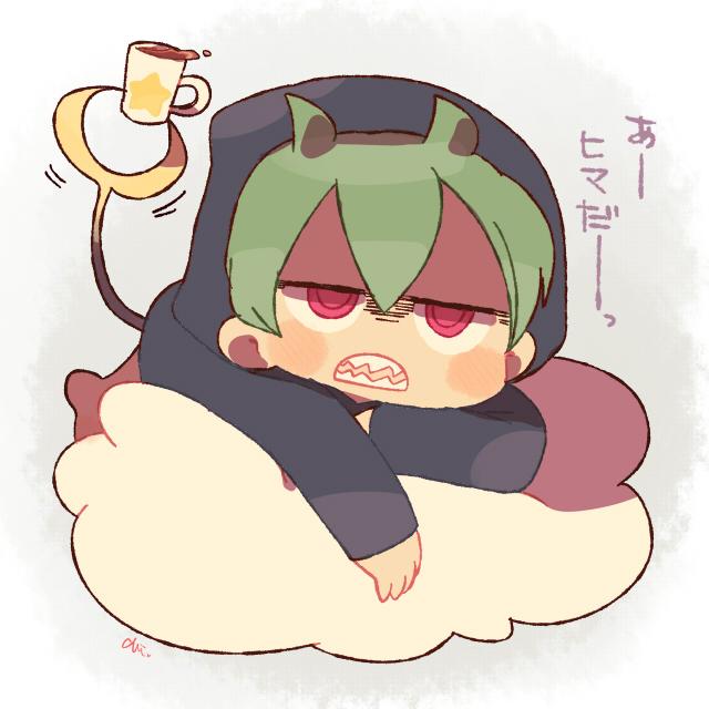 1boy, chiyoko_(oman1229), cup, green_hair, hood, lying, male_focus, mug