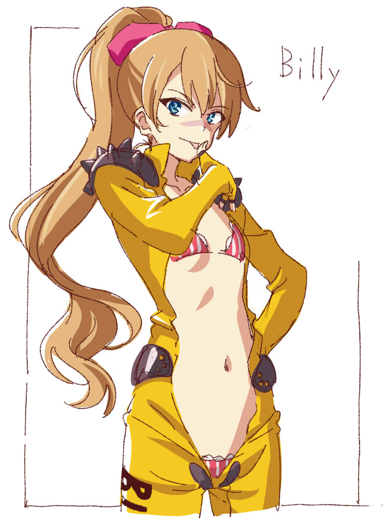 1girl, artist_request, bikini, billy_the_kid_(eiyuu_senki), blue_eyes, bodysuit, character_name, clothes_writing