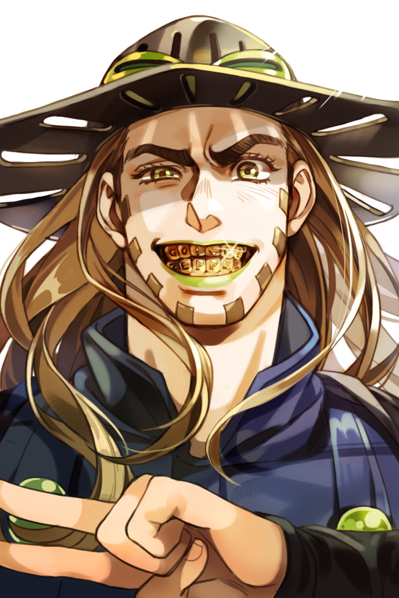 1boy, apple972, beard, brown_hair, cape, facial_hair, green_lipstick, grinning