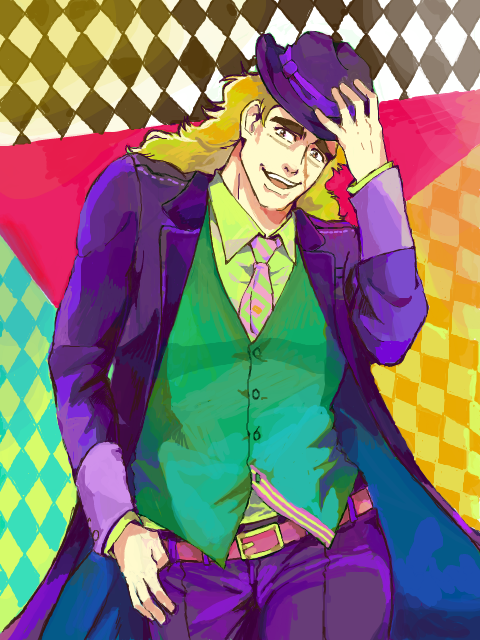 1boy, blonde_hair, hand_on_headwear, hat, jojo_no_kimyou_na_bouken, long_hair, robert_eo_speedwagon, scar