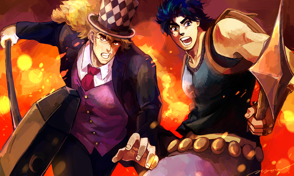 blonde_hair, blue_hair, cane, fire, hat, jojo_no_kimyou_na_bouken, jonathan_joestar, polearm, robert_eo_speedwagon, spear, top_hat, weapon, yuu_knight3858