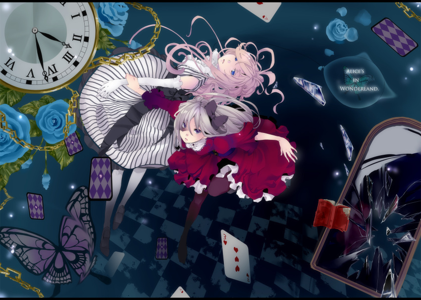 2girls, alice_in_wonderland, blue_eyes, bow, butterfly, card, chain, dress, falling_card, flower, hair_bow, highres, kudu_q, kuduq, long_hair, lying_card, mirror, multiple_girls, pantyhose, pink_hair, pocket_watch, purple_eyes, rose, silver_hair, watch