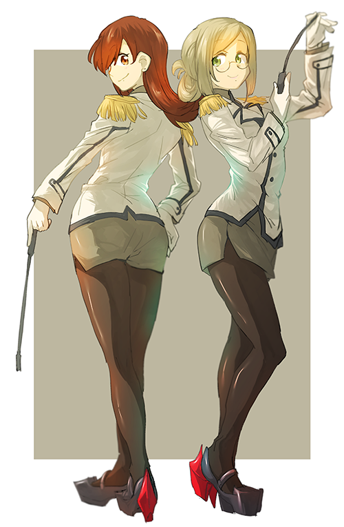 2girls, epaulettes, g-20800, kantai_collection, katori_(kantai_collection), military, military_uniform, miniskirt
