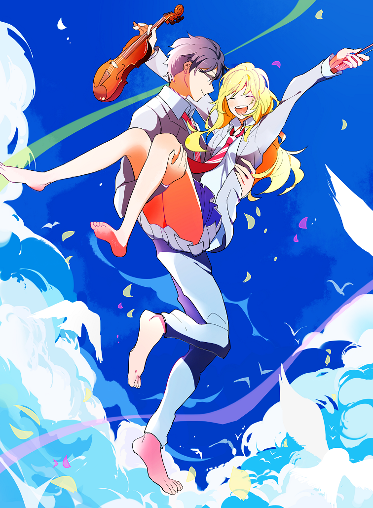 1boy, 1girl, arima_kousei, barefoot, blonde_hair, bow_(instrument), carrying, closed_eyes, glasses, instrument, long_hair, miyazono_kawori, necktie, princess_carry, purple_hair, school_uniform, shigatsu_wa_kimi_no_uso, skirt, smile, violin, xxxceller