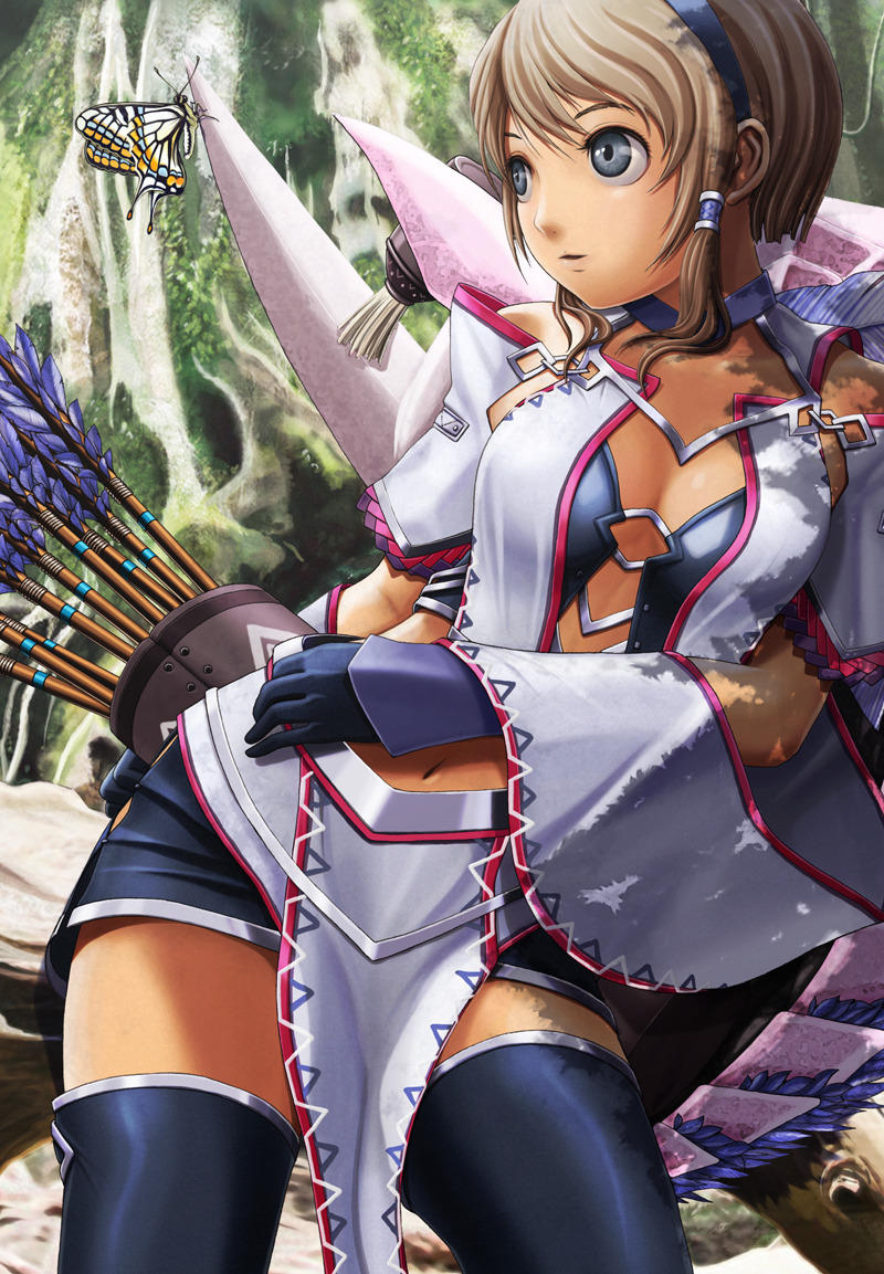 :d, black_legwear, blonde_hair, blue_eyes, bow_(weapon), breasts, brown_hair, butterfly