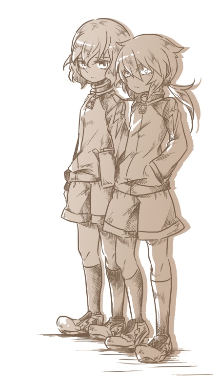 2boys, hands_in_pockets, inazuma_eleven_(series), inazuma_eleven_go, kirino_ranmaru, long_hair, male_focus, monochrome