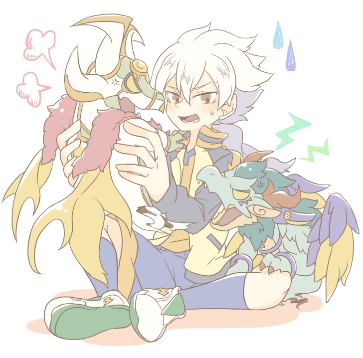 1boy, anger_vein, character_request, dragon, hakuryuu_(inazuma_eleven), inazuma_eleven_(series), inazuma_eleven_go, jacket, keshin_(inazuma_eleven), long_hair, multicolored_hair, open_clothes, open_jacket, open_mouth, ponytail, purple_hair, raimon, raimon_soccer_uniform, seijuu_shining_dragon, sitting, soccer_uniform, solid_eyes, sportswear, ticktack_chicken, track_jacket, two-tone_hair, white_background, white_hair, yellow_eyes