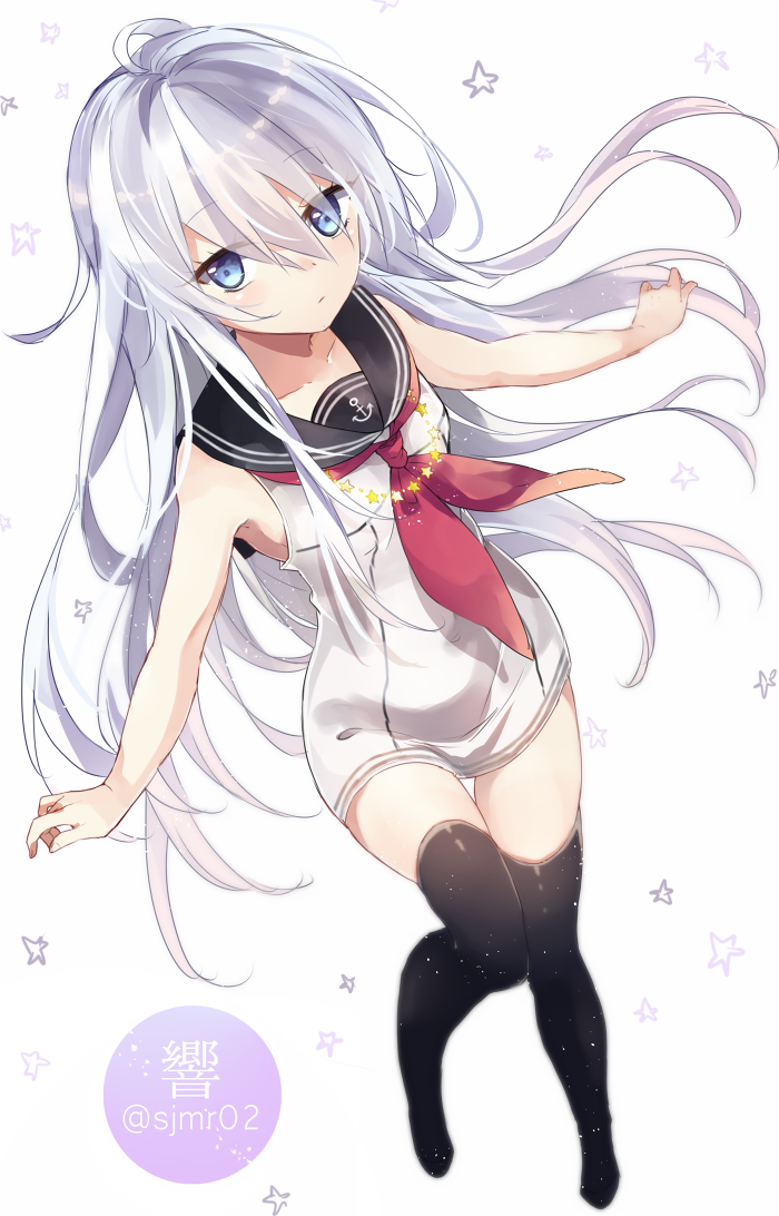 1girl, bare_shoulders, blue_eyes, character_name, collarbone, dress, hibiki_(kantai_collection), kantai_collection