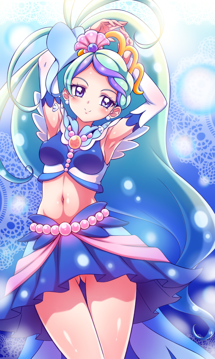 1girl, armpits, blue_eyes, blue_hair, cure_mermaid, go!_princess_precure, highres, kaidou_minami