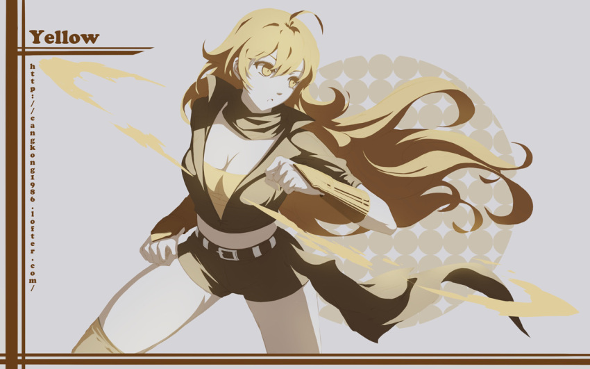 1girl, belt, blonde_hair, breasts, cangkong, cleavage, copyright_name, long_hair