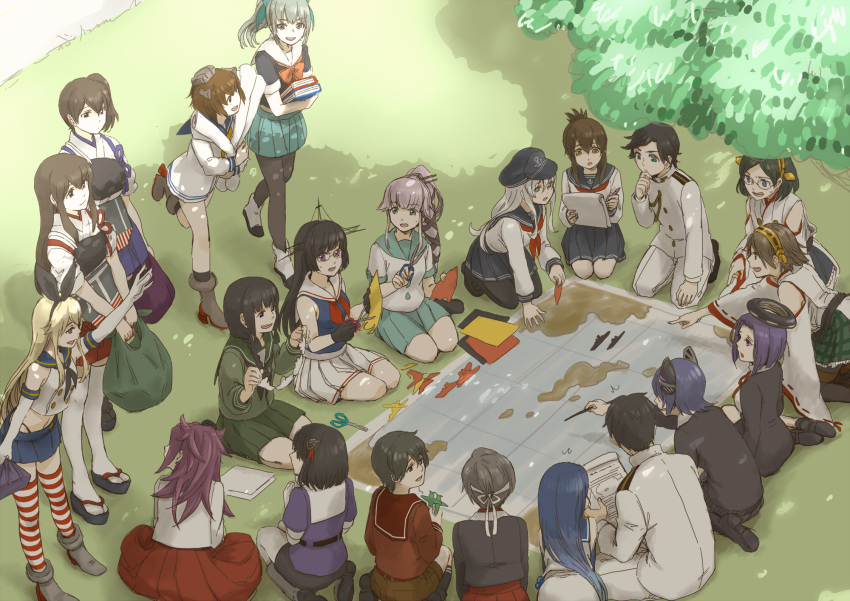 2boys, 6+girls, admiral_(kantai_collection), akagi_(kantai_collection), black_hair, black_legwear, blonde_hair, blue_hair