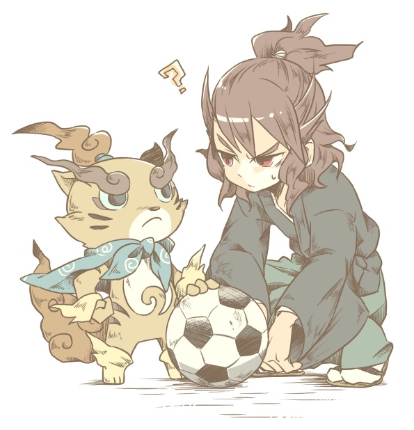 1boy, ?, ball, brown_eyes, brown_hair, crossover, frown, furoshiki
