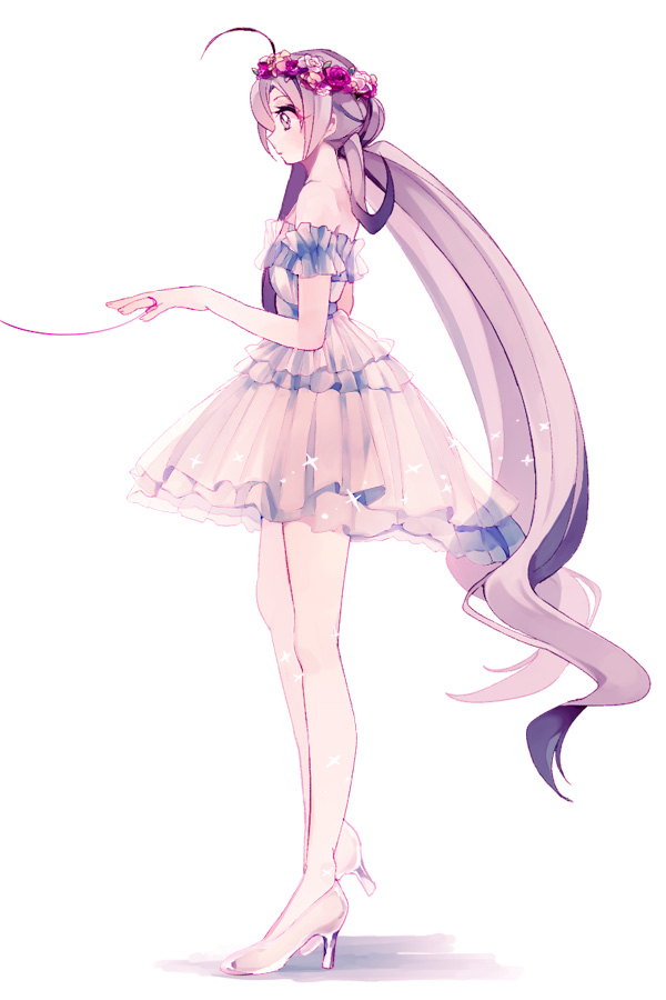 1girl, ahoge, dress, flower, grey_hair, hair_flower, hair_ornament, high_heels