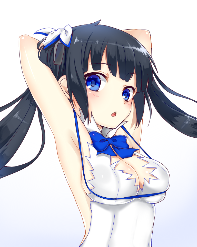 1girl, armpits, black_hair, blue_eyes, breasts, cleavage, dungeon_ni_deai_wo_motomeru_no_wa_machigatteiru_darou_ka, hair_ribbon, hestia_(danmachi), hi-ma, long_hair, looking_at_viewer, rei_no_himo, ribbon, solo, twintails
