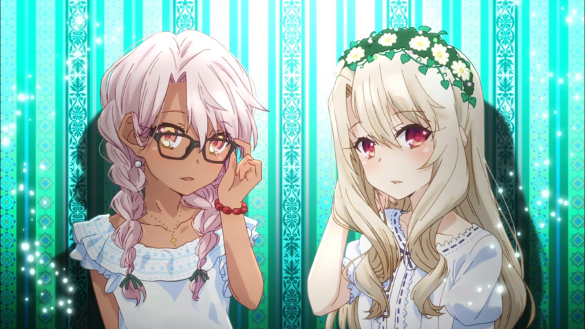 2girls, adjusting_glasses, alternate_hairstyle, bespectacled, black-framed_glasses, blonde_hair, blush, braid
