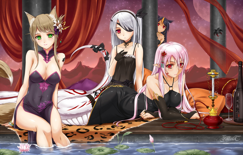 4girls, animal_ears, bare_shoulders, black_dress, black_gloves, black_hair, blush, bottle, breasts, bridal_gauntlets, brown_hair, cleavage, cup, detached_collar, dress, eyepatch, flower, fox_ears, fox_tail, gloves, green_eyes, highres, hookah, lamia, large_breasts, lily_pad, long_hair, looking_at_viewer, midnight_(artist), mole, monster_girl, multiple_girls, original, pillar, pillow, pink_hair, pointy_ears, red_eyes, ribbon, silver_hair, smile, soaking_feet, tail, tail_ribbon, tattoo, water