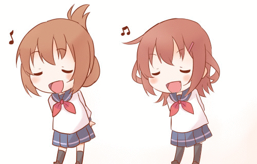 2girls, animated, animated_gif, bow, brown_hair, closed_eyes, fang, folded_ponytail, hair_ornament, hairclip, ido_(teketeke), ikazuchi_(kantai_collection), inazuma_(kantai_collection), kantai_collection, koufuku_graffiti, long_hair, lowres, multiple_girls, musical_note, open_mouth, pantyhose, parody, school_uniform, serafuku, shiawase_graffiti, short_hair, singing, skirt, smile, ugoira, winking