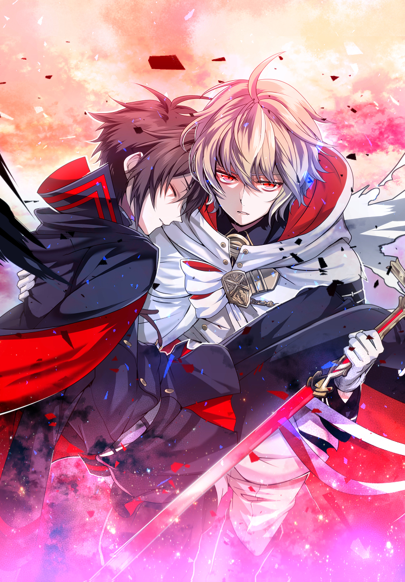2boys, black_hair, blonde_hair, carrying, cloak, gloves, hyakuya_michaela, hyakuya_yuuichirou