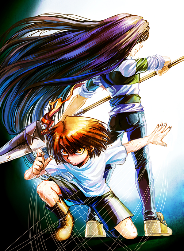 2boys, aotsuki_ushio, beast_spear, brown_hair, creator_connection, karakuri_circus, long_hair, multiple_boys