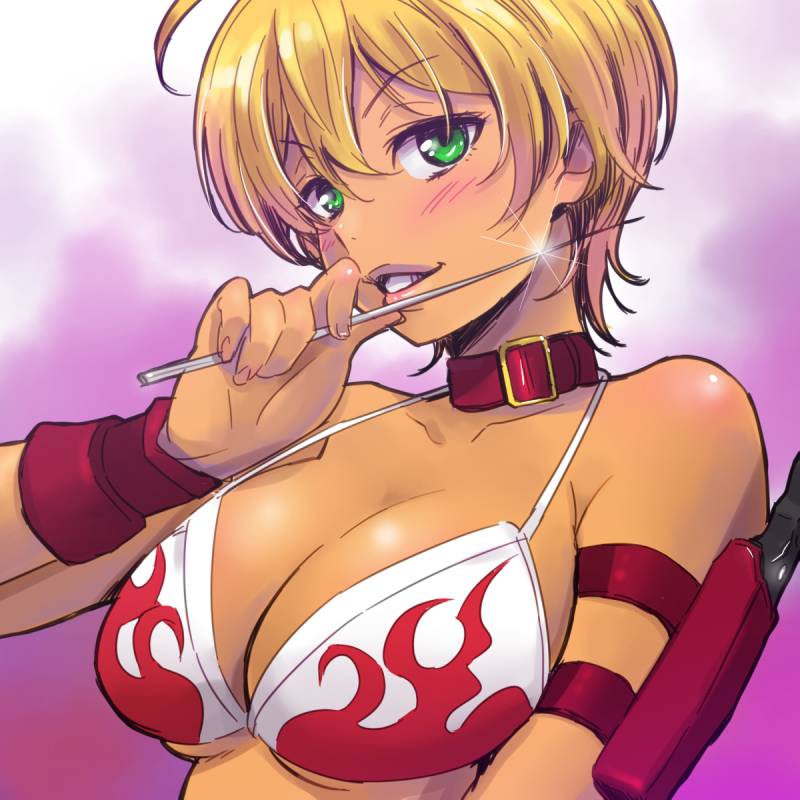 1girl, bikini_top, blonde_hair, breasts, cleavage, collar, dark_skin, green_eyes