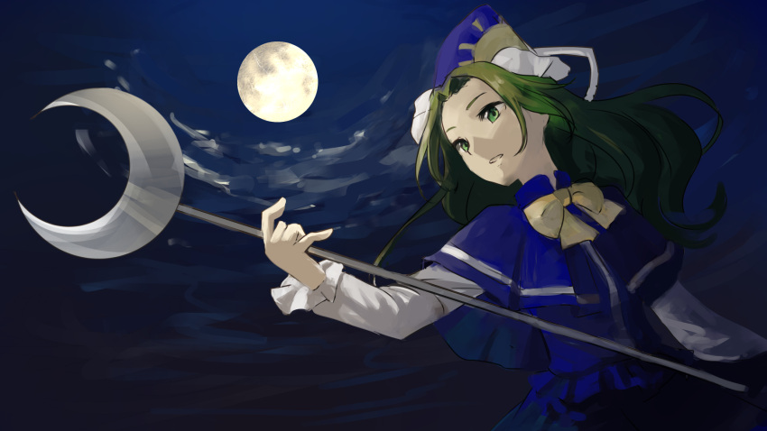 1girl, capelet, clouds, facing_away, full_moon, green_eyes, green_hair, hat