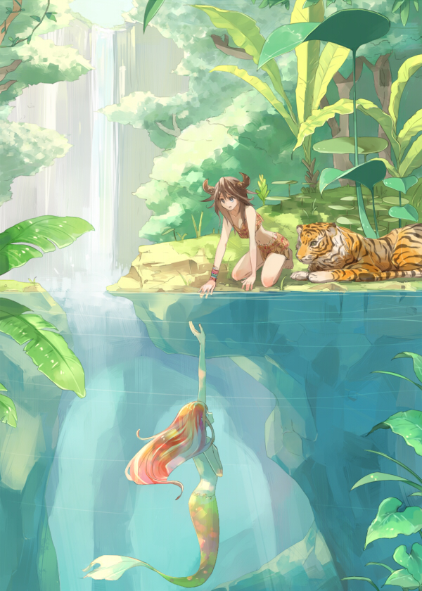 1girl, anklet, barefoot, bracelet, brown_hair, horns, jewelry, jungle