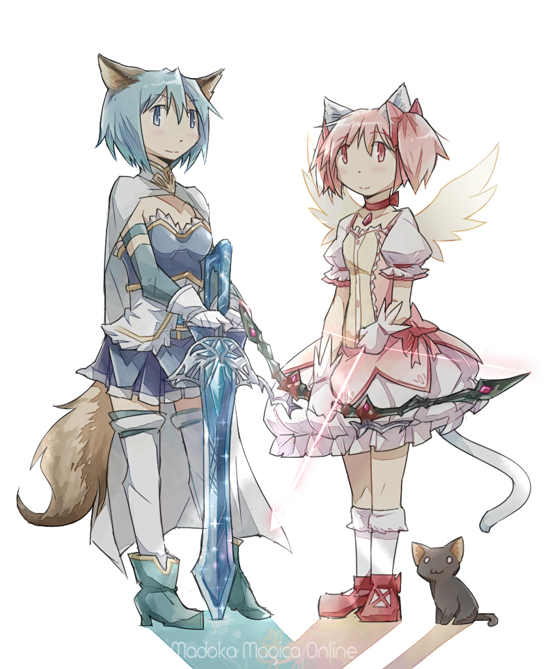 2girls, animal_ears, armband, blue_eyes, blue_hair, bow, bow_(weapon), cape