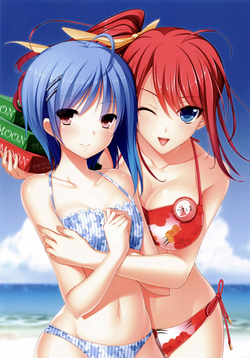 2girls, absurdres, ahoge, akino_subaru, beach, bikini, blue_bikini, blue_eyes