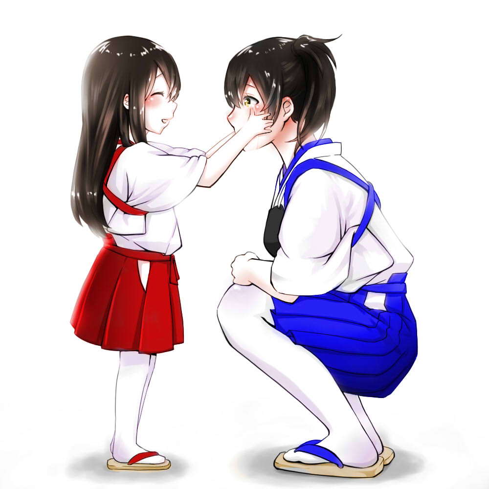 2girls, ^_^, akagi_(kantai_collection), blue_skirt, brown_hair, closed_eyes, crying, crying_with_eyes_open