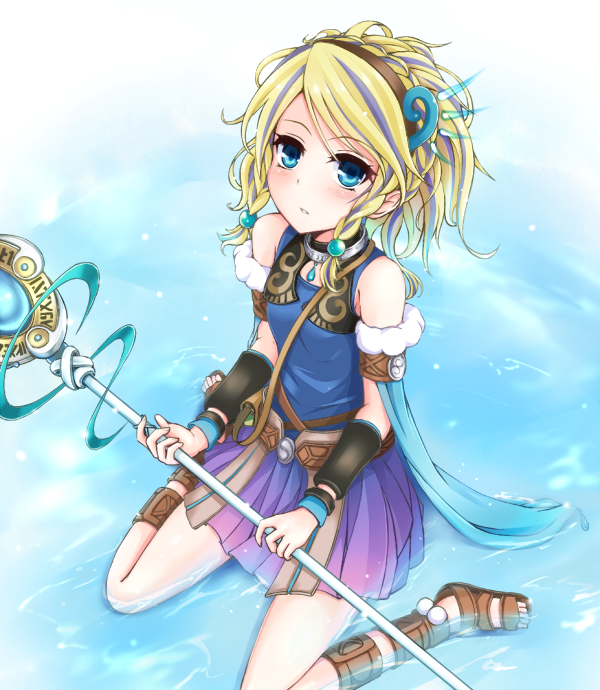 1girl, blonde_hair, blue_eyes, blue_hair, braid, duel_monster, eld_pld, fur_trim