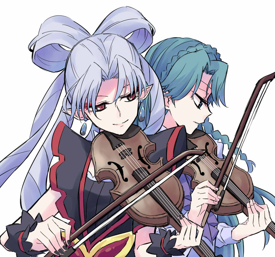 2girls, albino, black_nails, braid, earrings, go!_princess_precure, grey_hair, instrument