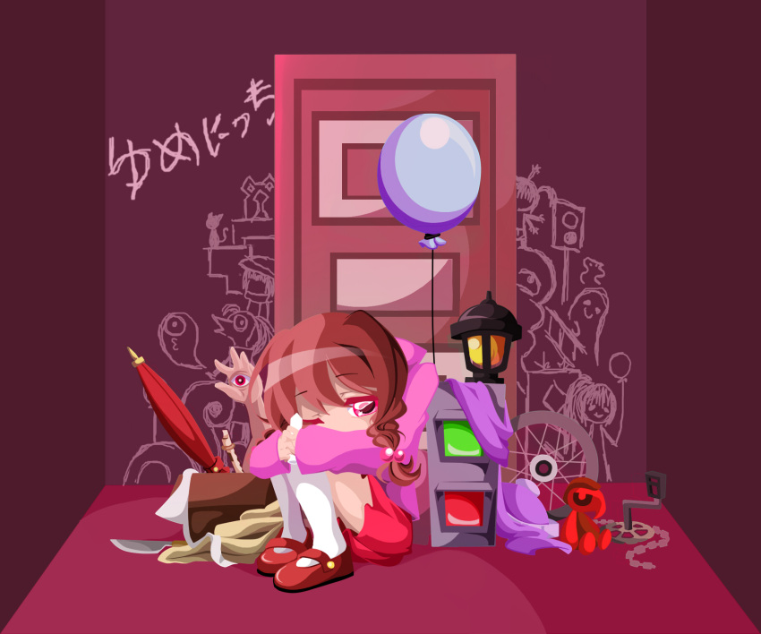 1girl, balloon, box, braid, broken, broken_chain, brown_hair, cardboard_box