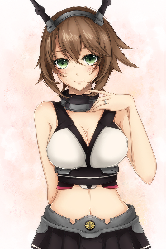 1girl, bare_shoulders, breasts, brown_hair, cleavage, gloves, green_eyes, headband