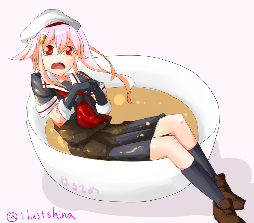 1girl, absurdres, beret, cellophane_noodles, food, gloves, hair_ornament, hair_ribbon, harusame_(kantai_collection), hat, highres, illustshina, kantai_collection, long_hair, looking_at_viewer, namesake, neckerchief, open_mouth, pink_eyes, pink_hair, pleated_skirt, pun, red_eyes, ribbon, school_uniform, serafuku, side_ponytail, skirt, solo, soup, twitter_username
