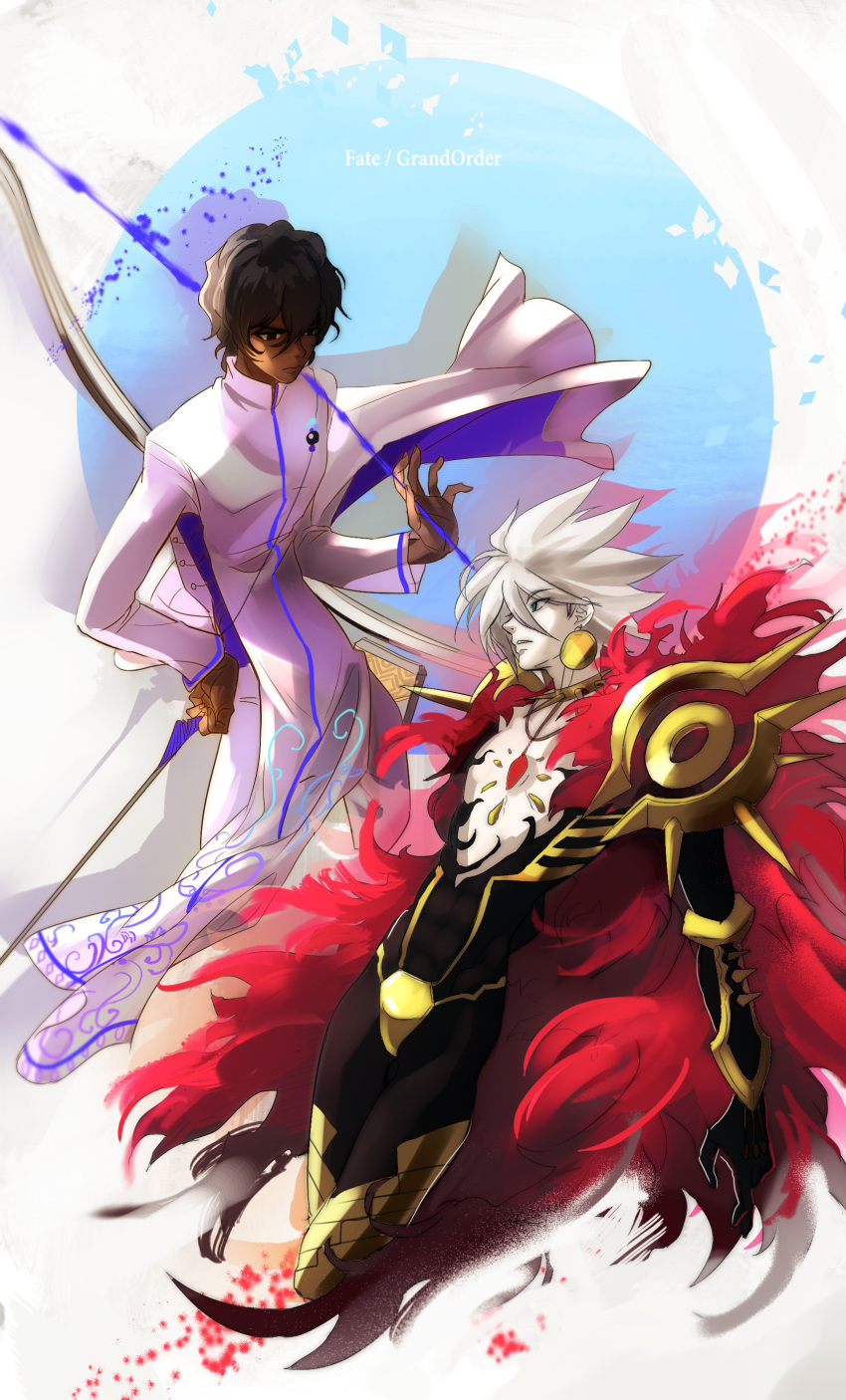 2boys, absurdres, archer_(fate/grand_order), bow_(weapon), brown_hair, dark_skin, fate/apocrypha, fate/grand_order