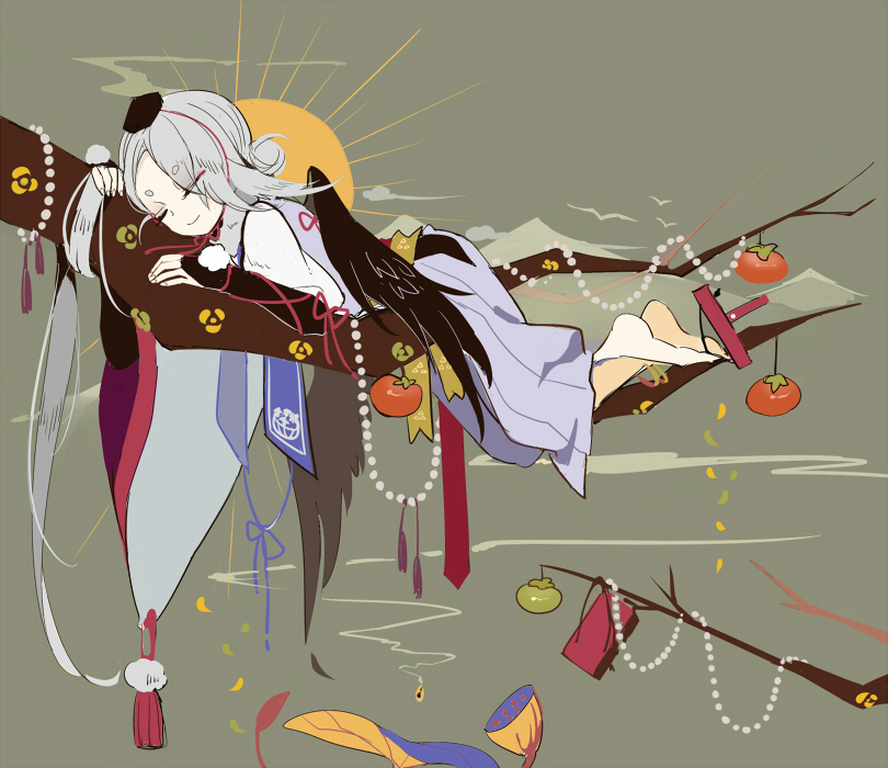 1boy, bridal_gauntlets, closed_eyes, food, fruit, geta, hakama, ima-no-tsurugi