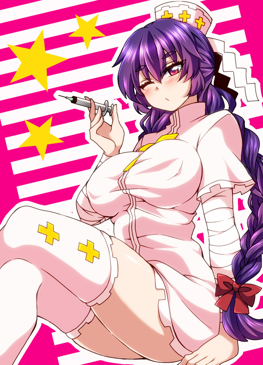 1girl, bandages, braid, crossed_legs, hat, highres, jinguu_yakumo, long_hair