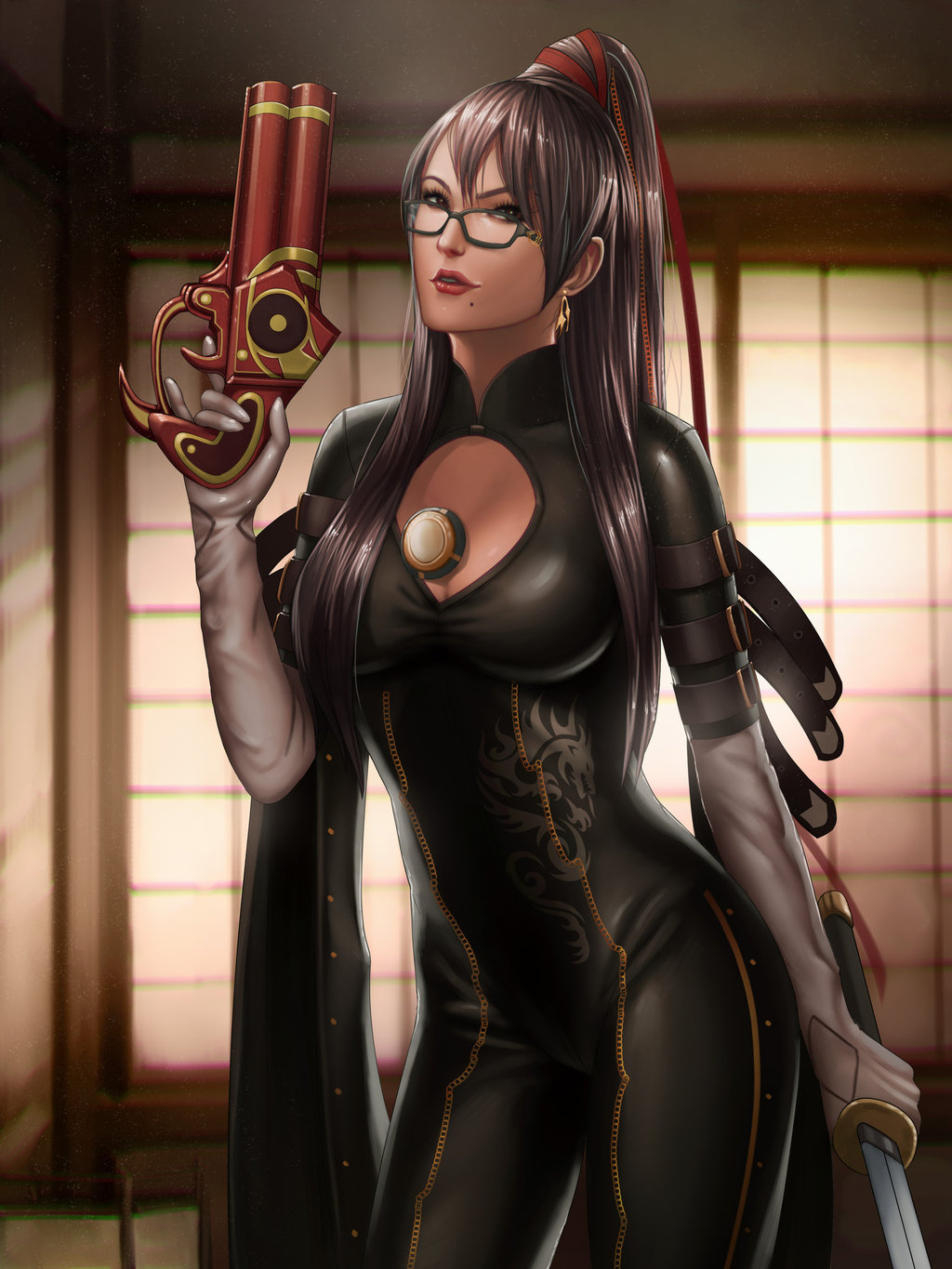 1girl, amulet, audia_pahlevi, bayonetta, bayonetta_(character), between_breasts, black_hair, bodysuit