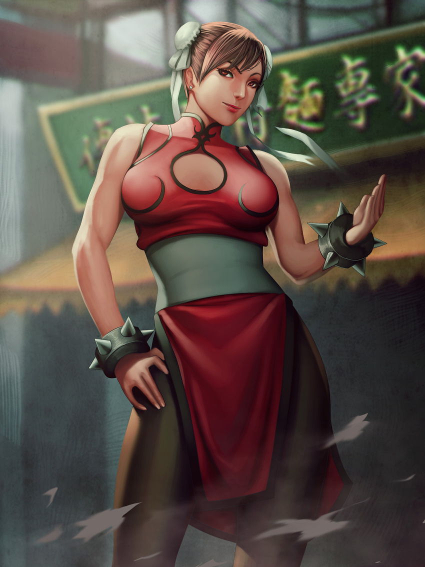 1girl, alternate_color, audia_pahlevi, bracelet, brown_eyes, brown_hair, bun_cover, china_dress