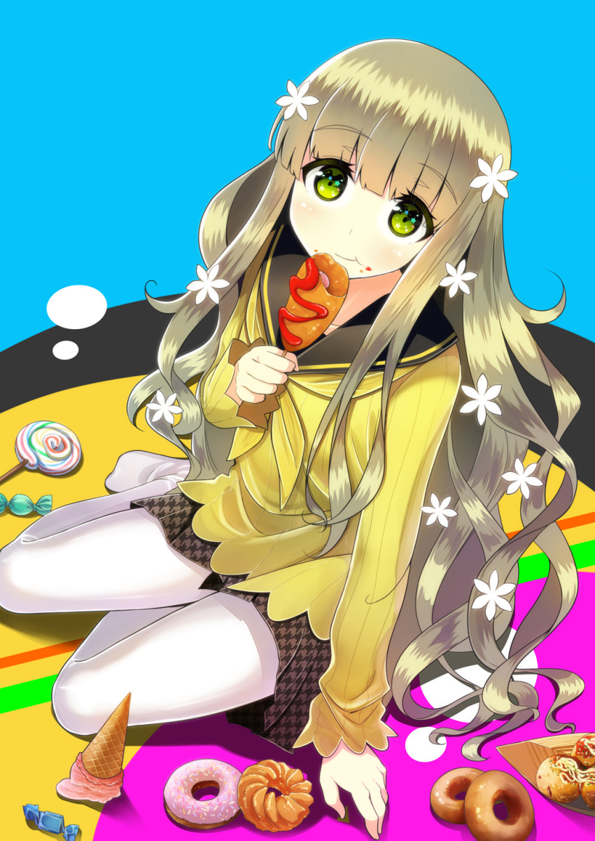 blonde_hair, corndog, eating, food, furai, green_eyes, highres, pantyhose