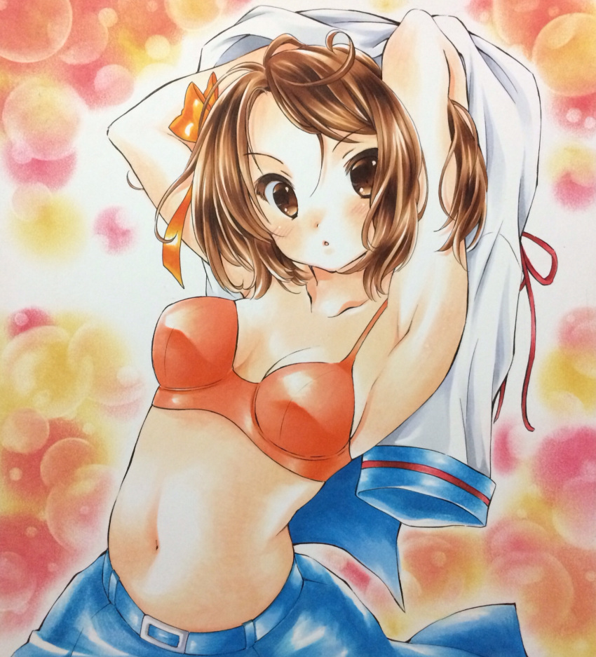 1girl, :o, bow, bra, breasts, brown_eyes, brown_hair, cleavage, hair_bow, highres, izumo_neko, navel, school_uniform, serafuku, skirt, solo, suzumiya_haruhi, suzumiya_haruhi_no_yuuutsu, underwear, undressing