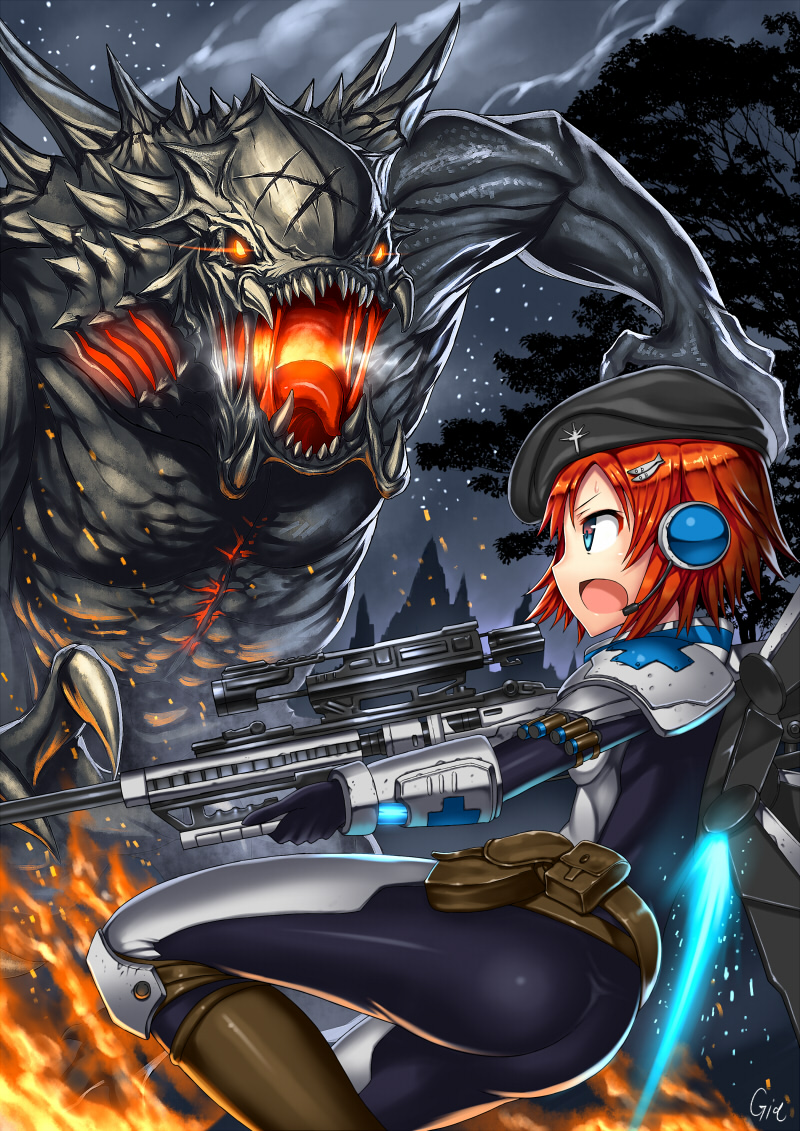 1girl, akuko_(arc), blue_eyes, bodysuit, cosplay, evolve_(video_game), gia, gun, hat, headset, jetpack, monster, original, redhead, short_hair, weapon