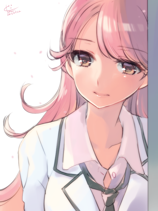 ahoge, antenna_hair, blush, ko_ru_ri, long_hair, looking_at_viewer, pink_hair, red_eyes