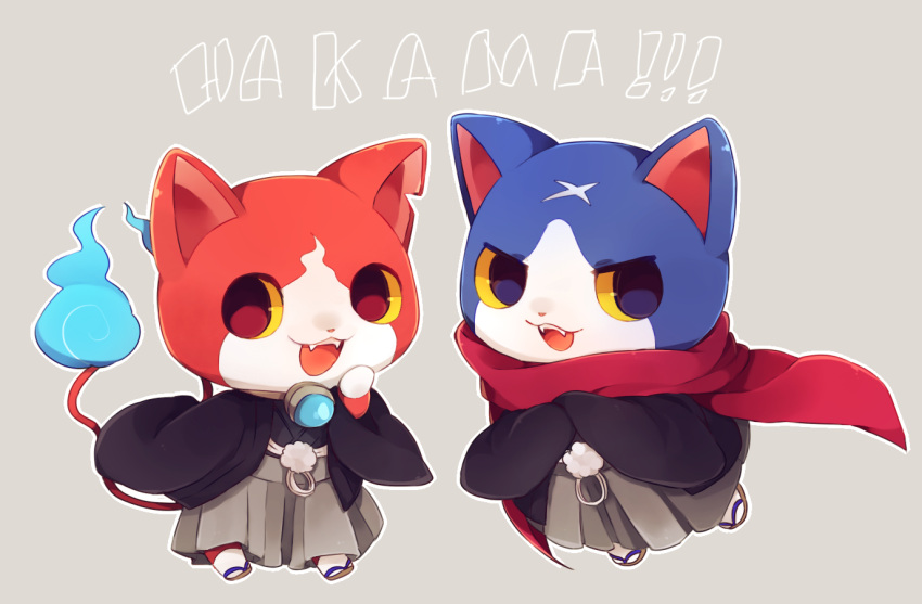 cape, cat, fangs, fuyunyan, hakama, haori, japanese_clothes, jibanyan, makoto_(konbumi), multiple_tails, no_humans, notched_ear, open_mouth, red_cape, romaji, sandals, scar, simple_background, socks, tail, two_tails, youkai, youkai_watch, zouri